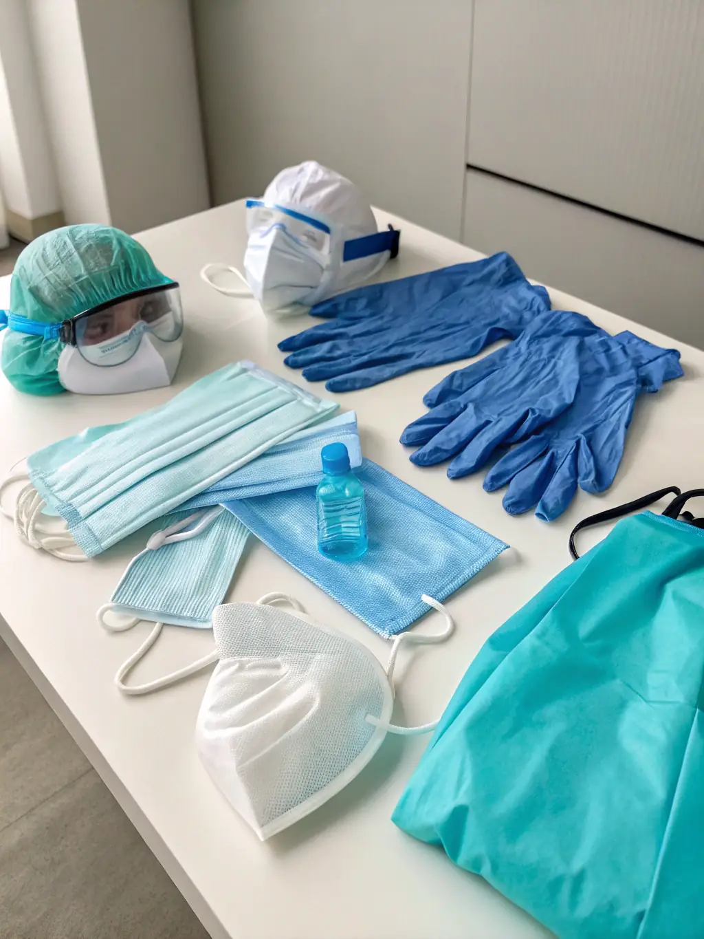 A selection of safety PPE items displayed in a professional setting, highlighting MAJARA MIRDIF SEWING's dedication to quality and safety compliance.