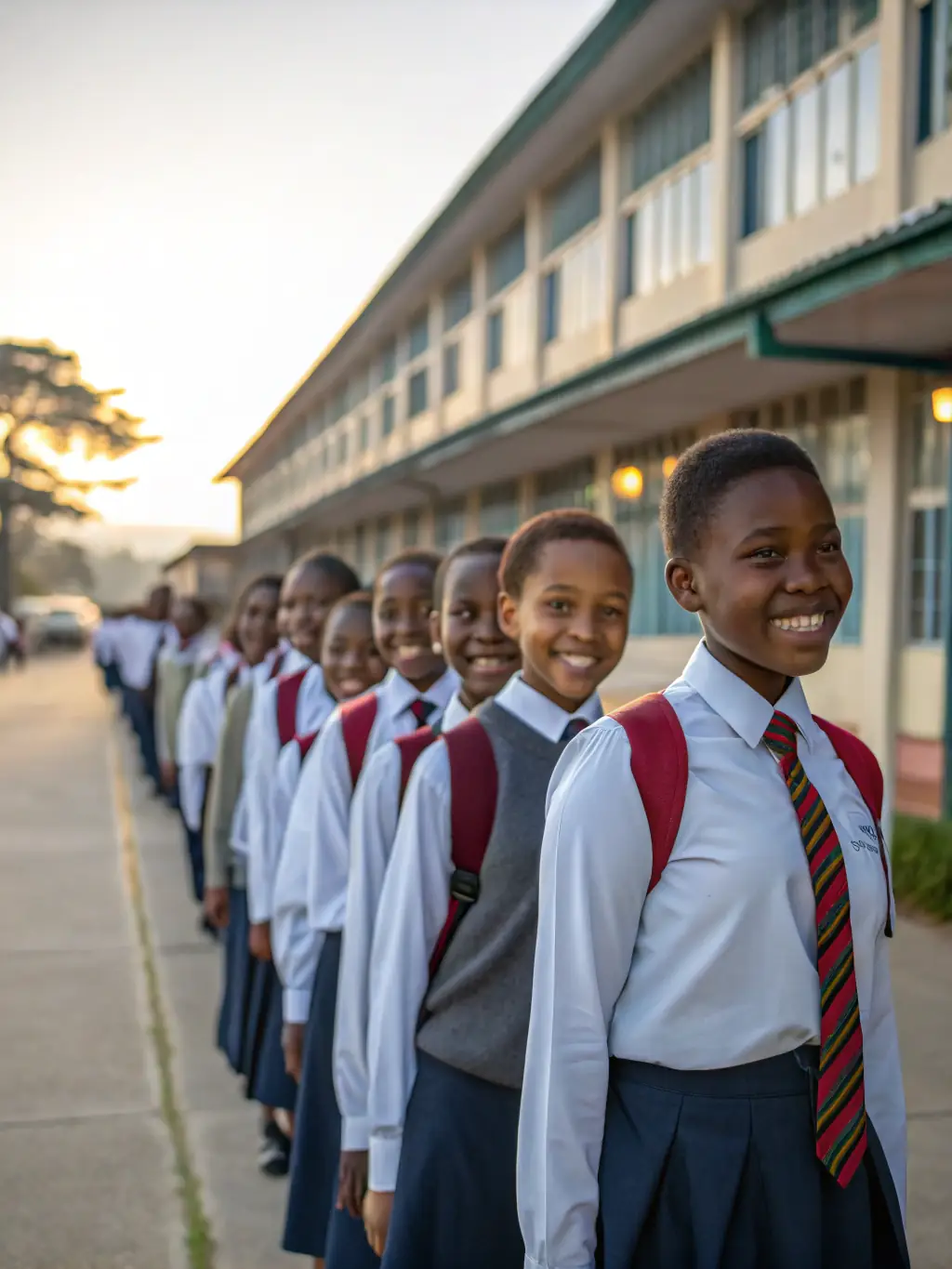 A group of smiling schoolchildren wearing MAJARA MIRDIF SEWING school uniforms, showcasing the comfort, style, and durability of the uniforms.