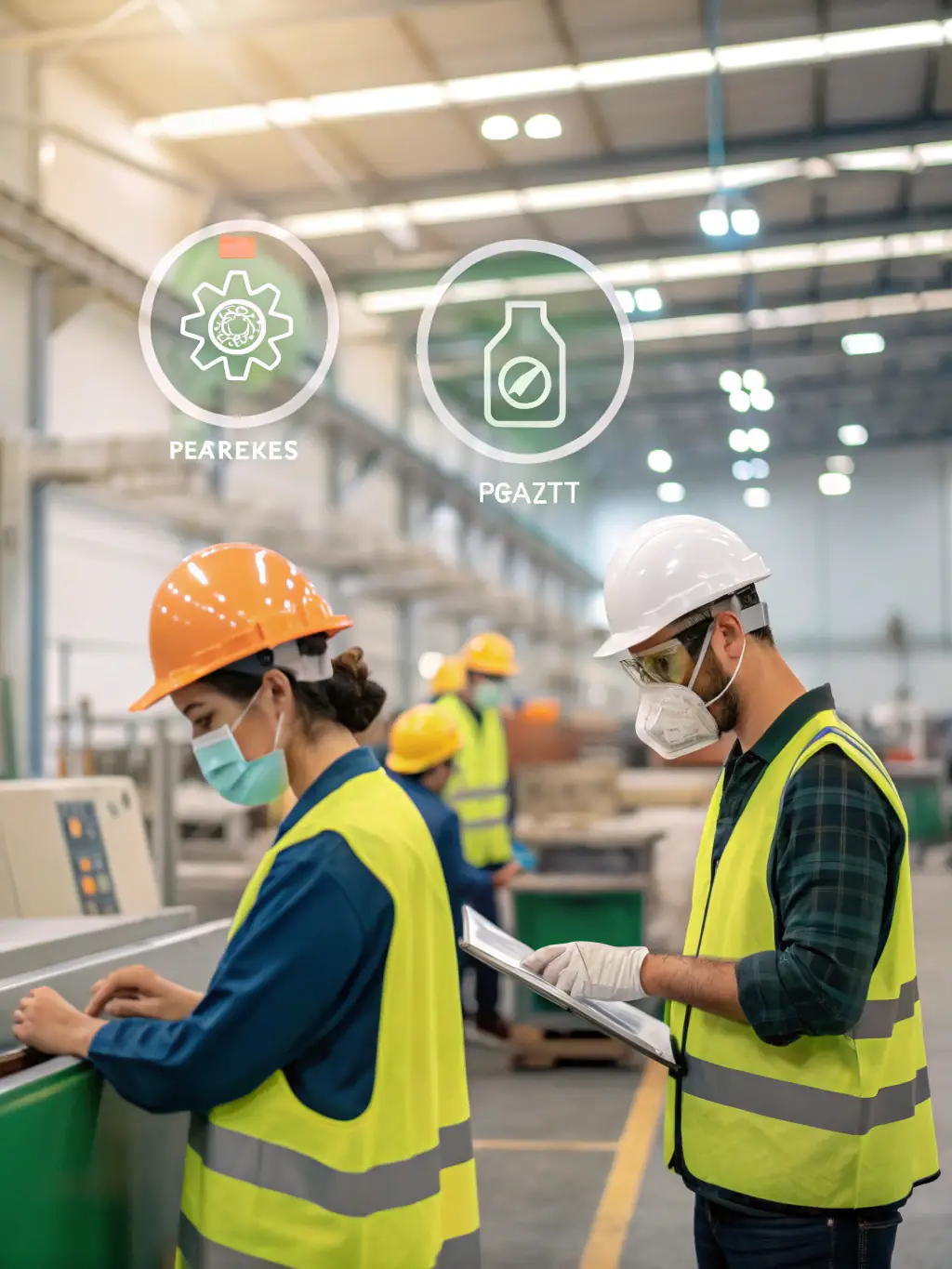 Workers in industrial safety gear and workwear in a factory setting, demonstrating MAJARA MIRDIF SEWING's commitment to durable and safe industrial solutions.