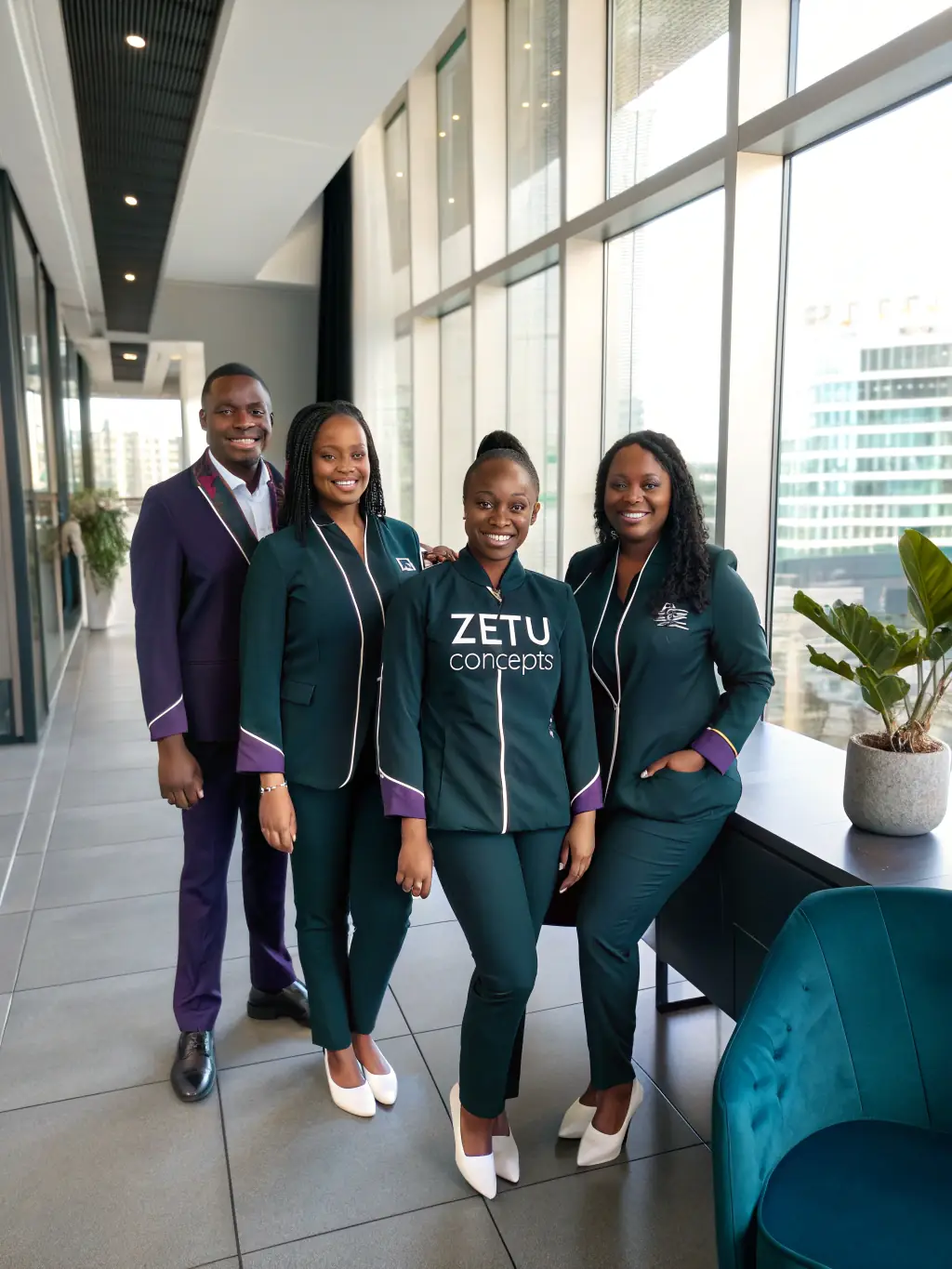 A professionally styled photo showcasing a diverse group of employees wearing MAJARA MIRDIF SEWING corporate uniforms in a modern office setting, highlighting the fit and fabric quality.