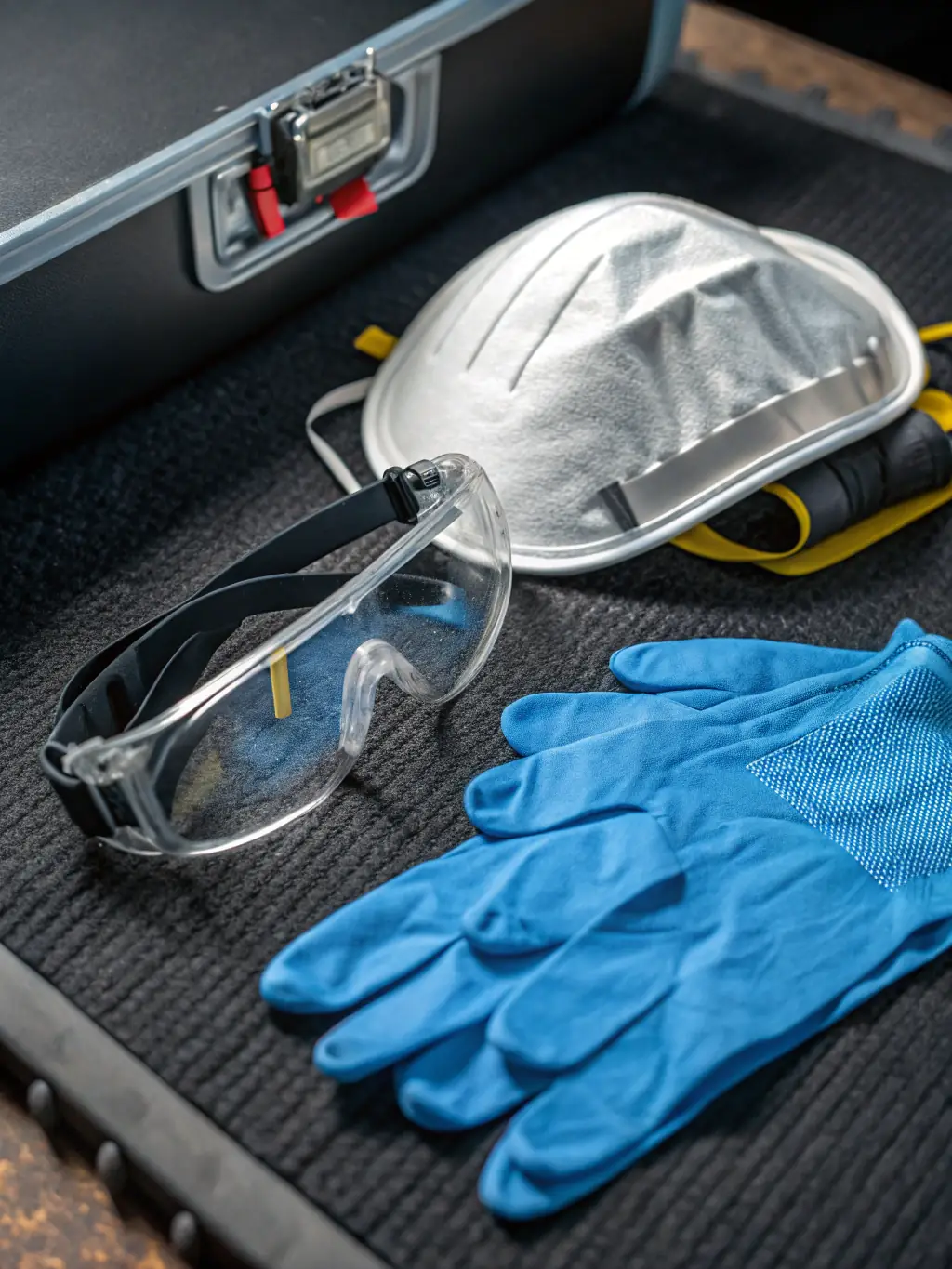 A close-up shot of various safety items and PPE (helmets, gloves, masks) manufactured or supplied by MAJARA MIRDIF SEWING, arranged neatly to showcase the range and quality.