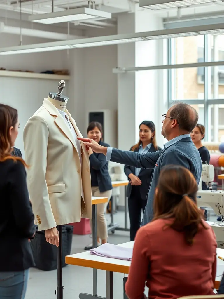 A professional team fitting employees in sleek, branded corporate uniforms in a modern manufacturing facility, showcasing MAJARA MIRDIF SEWING's expertise in corporate attire.