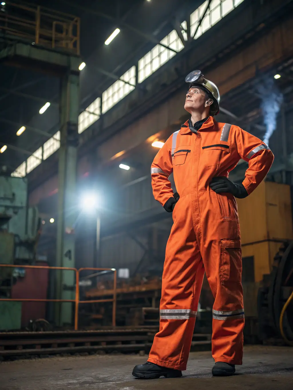 A photo depicting workers in an industrial setting wearing MAJARA MIRDIF SEWING industrial workwear, emphasizing durability, safety features, and comfort.