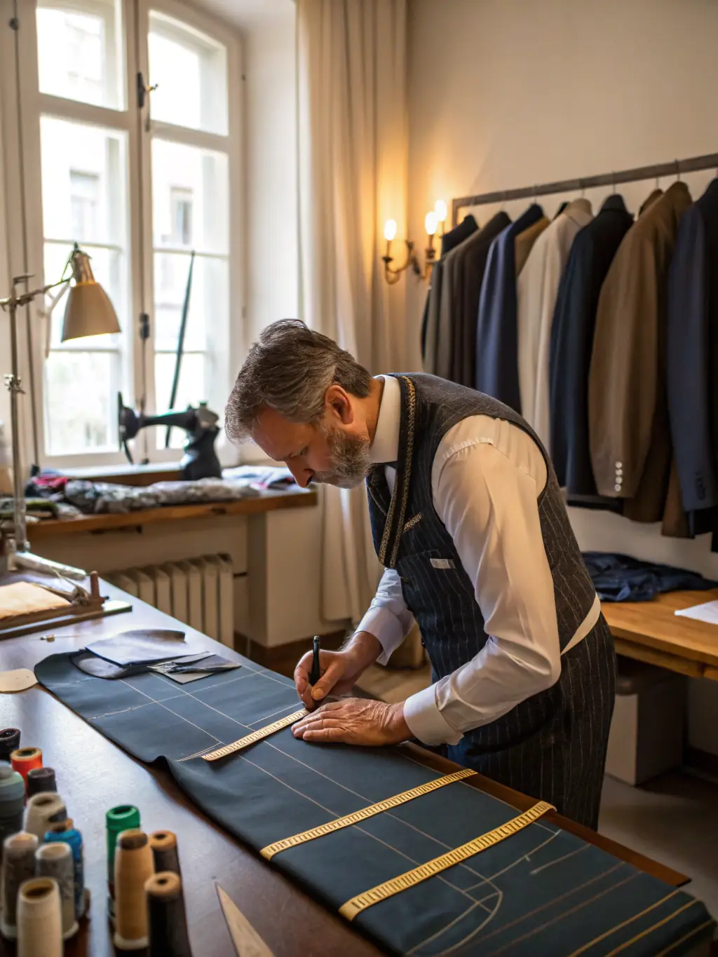 A skilled tailor meticulously working on a uniform, highlighting the precision and attention to detail in MAJARA MIRDIF SEWING's tailoring process.