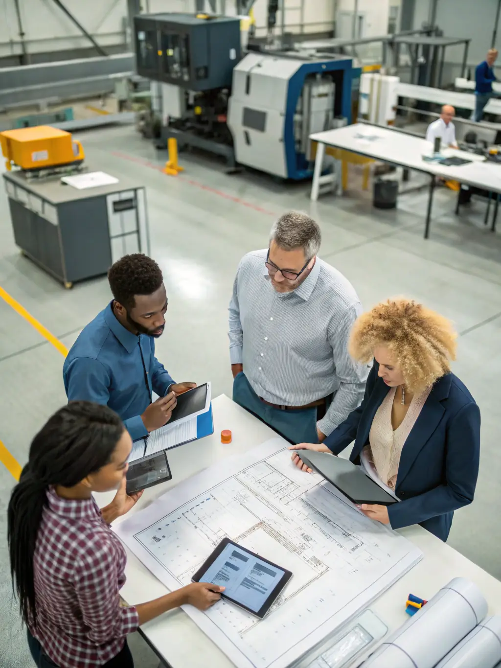 A diverse team of designers and production staff collaborating in a modern manufacturing facility, emphasizing MAJARA MIRDIF SEWING's expertise and capabilities.